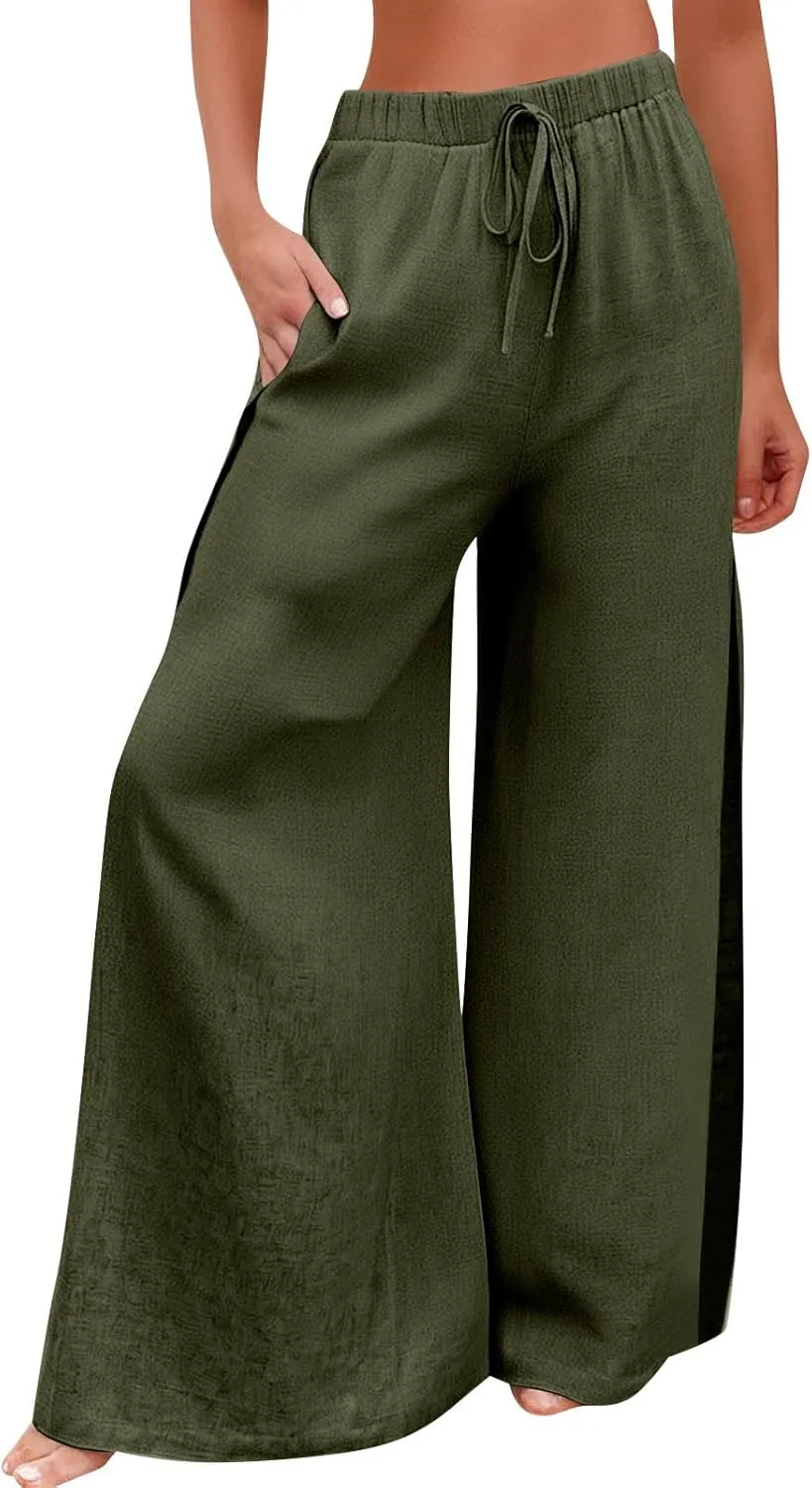 Linen Pants for Women Beach Wide Leg Side Split Ankle Palazzo Pants Drawstring Elastic Waist Summer Flowy Trousers