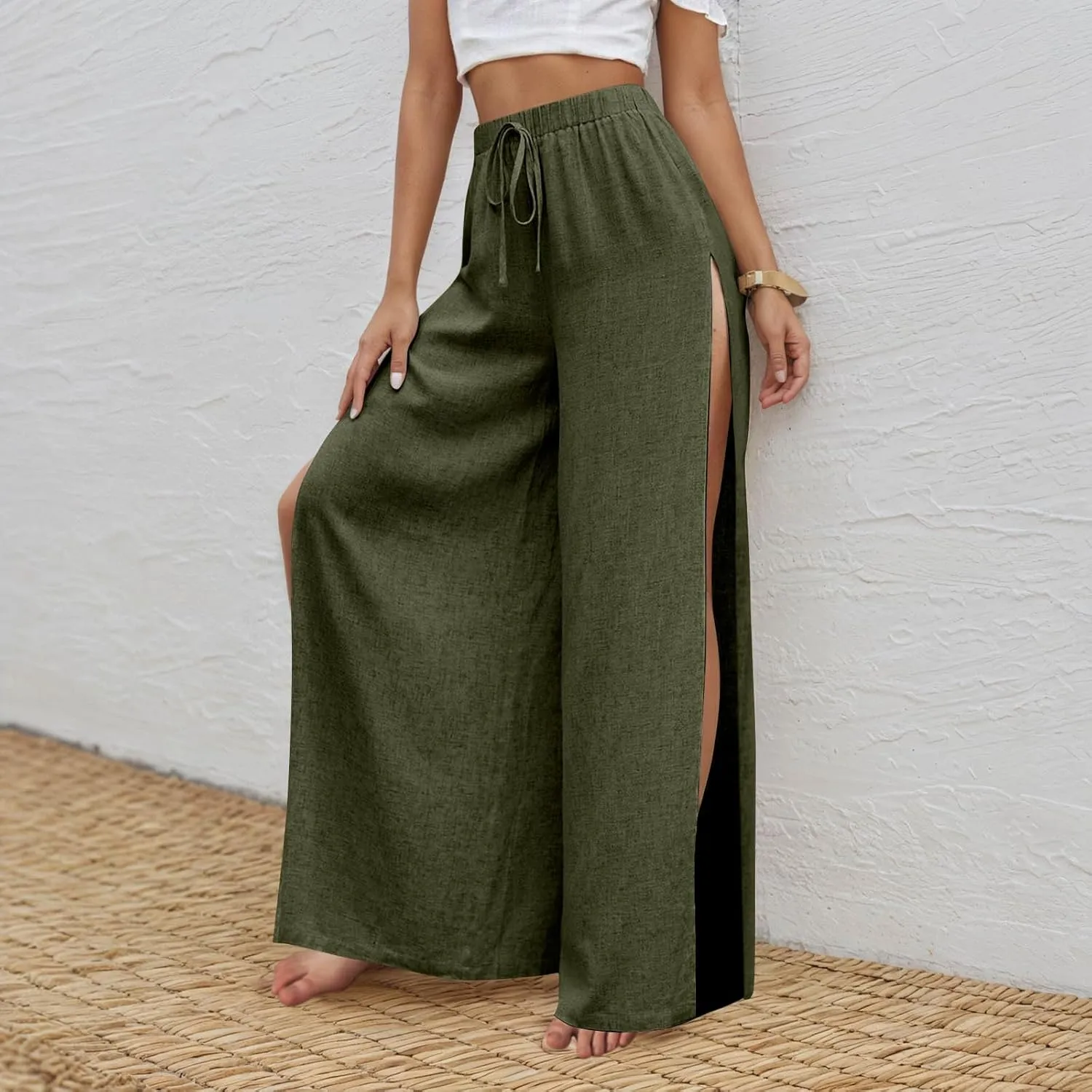 Linen Pants for Women Beach Wide Leg Side Split Ankle Palazzo Pants Drawstring Elastic Waist Summer Flowy Trousers