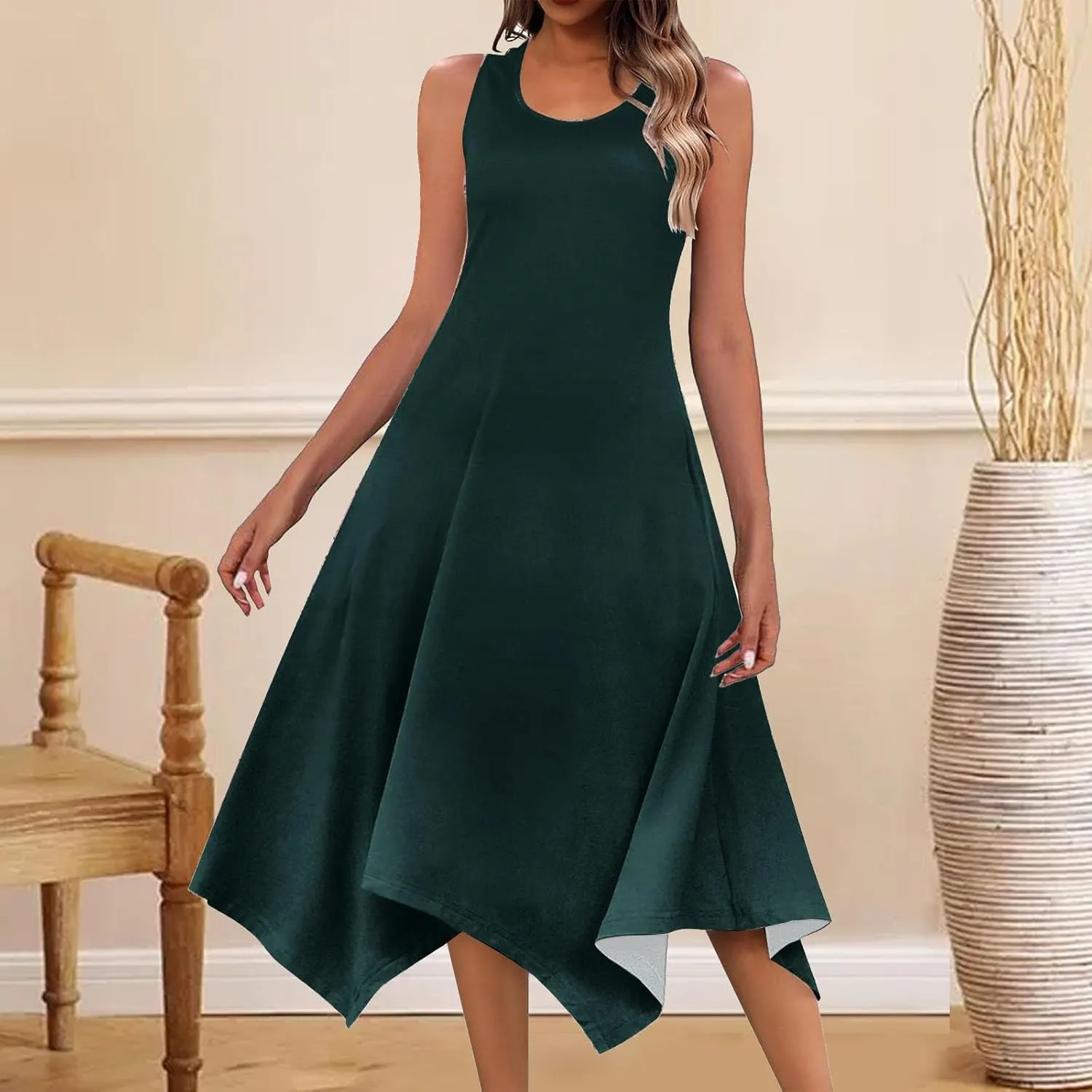 Long Summer Dresses for Women 2024 Casual Plus Size Irregular Hankerchief Hem Maxi Dress Tank Dresses with Pockets