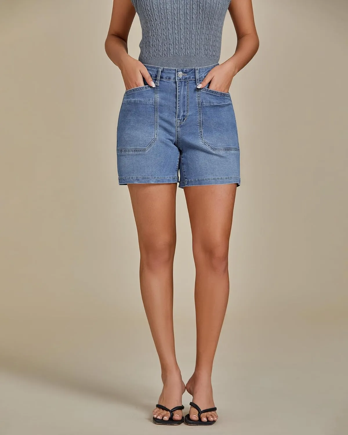 luvamia Jean Shorts for Women Trendy Mid Rise Casual Summer Jorts Distressed Cut Off Stretchy Denim Shorts with Pockets