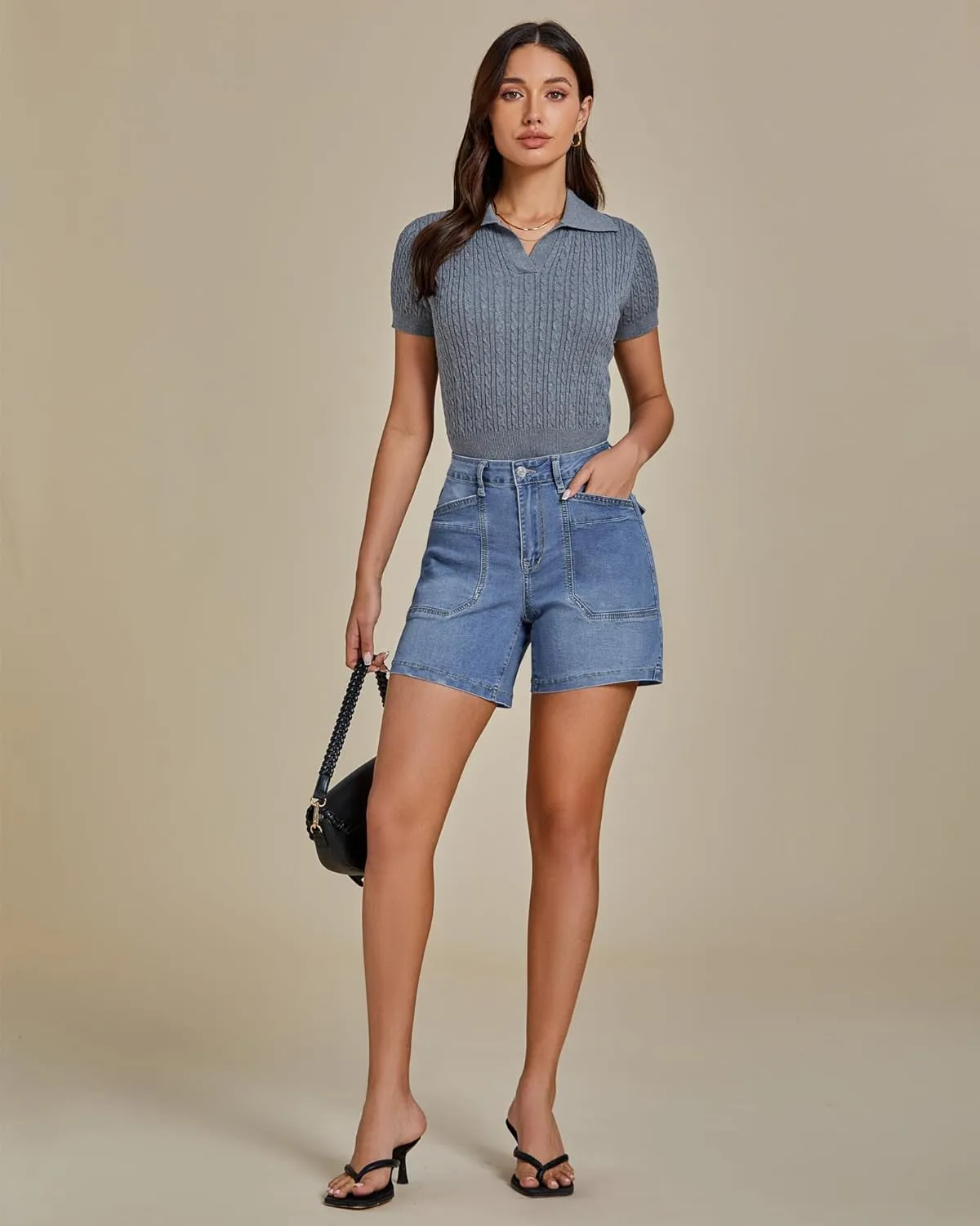 luvamia Jean Shorts for Women Trendy Mid Rise Casual Summer Jorts Distressed Cut Off Stretchy Denim Shorts with Pockets