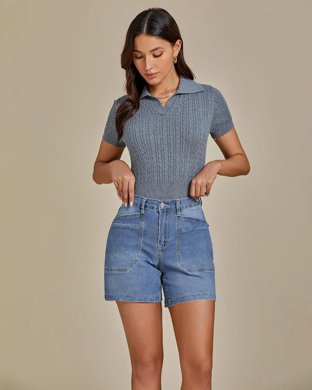 luvamia Jean Shorts for Women Trendy Mid Rise Casual Summer Jorts Distressed Cut Off Stretchy Denim Shorts with Pockets