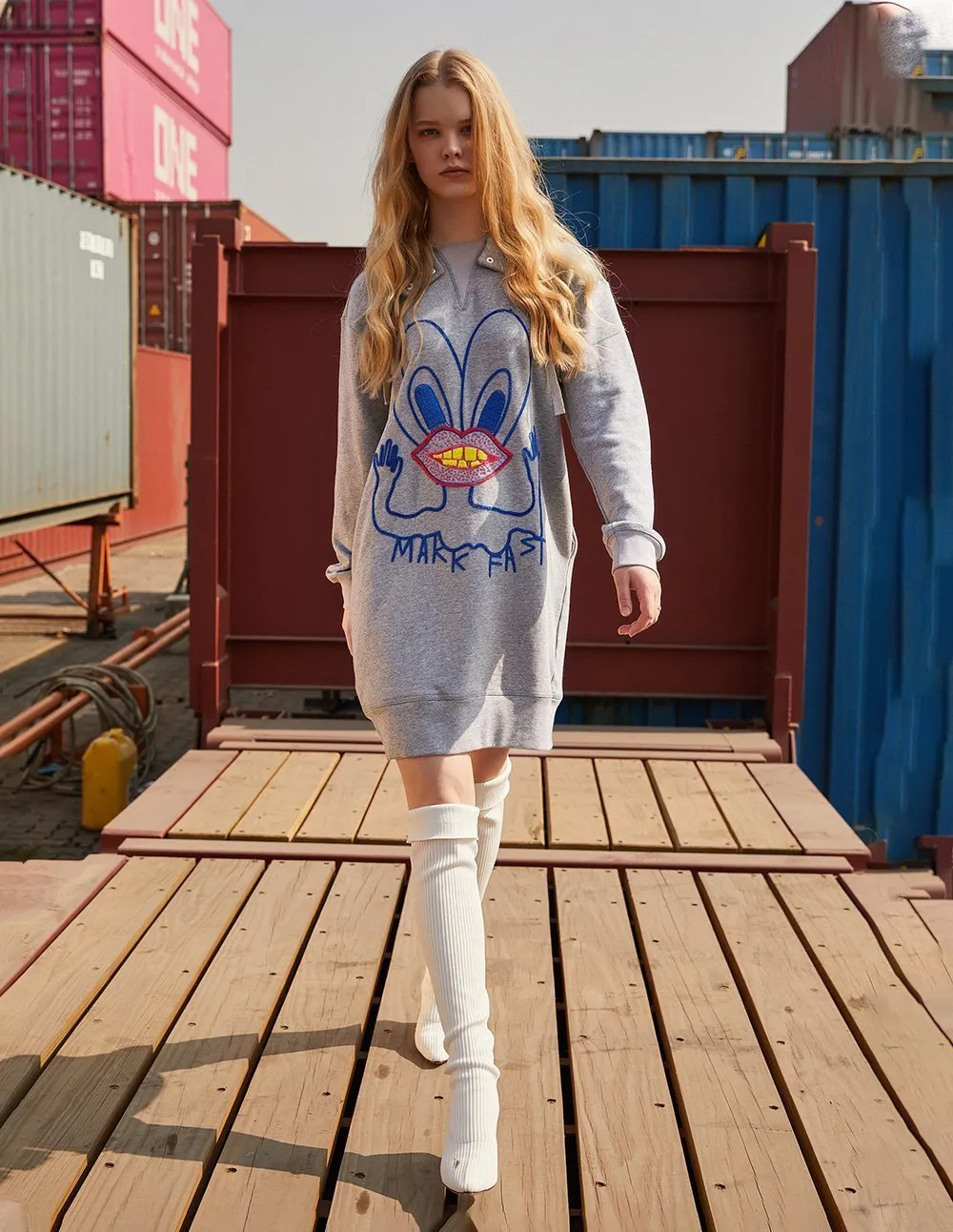 MARK FAST Women MF Blue Little Monster Long Sleeve Sweatshirt Dress