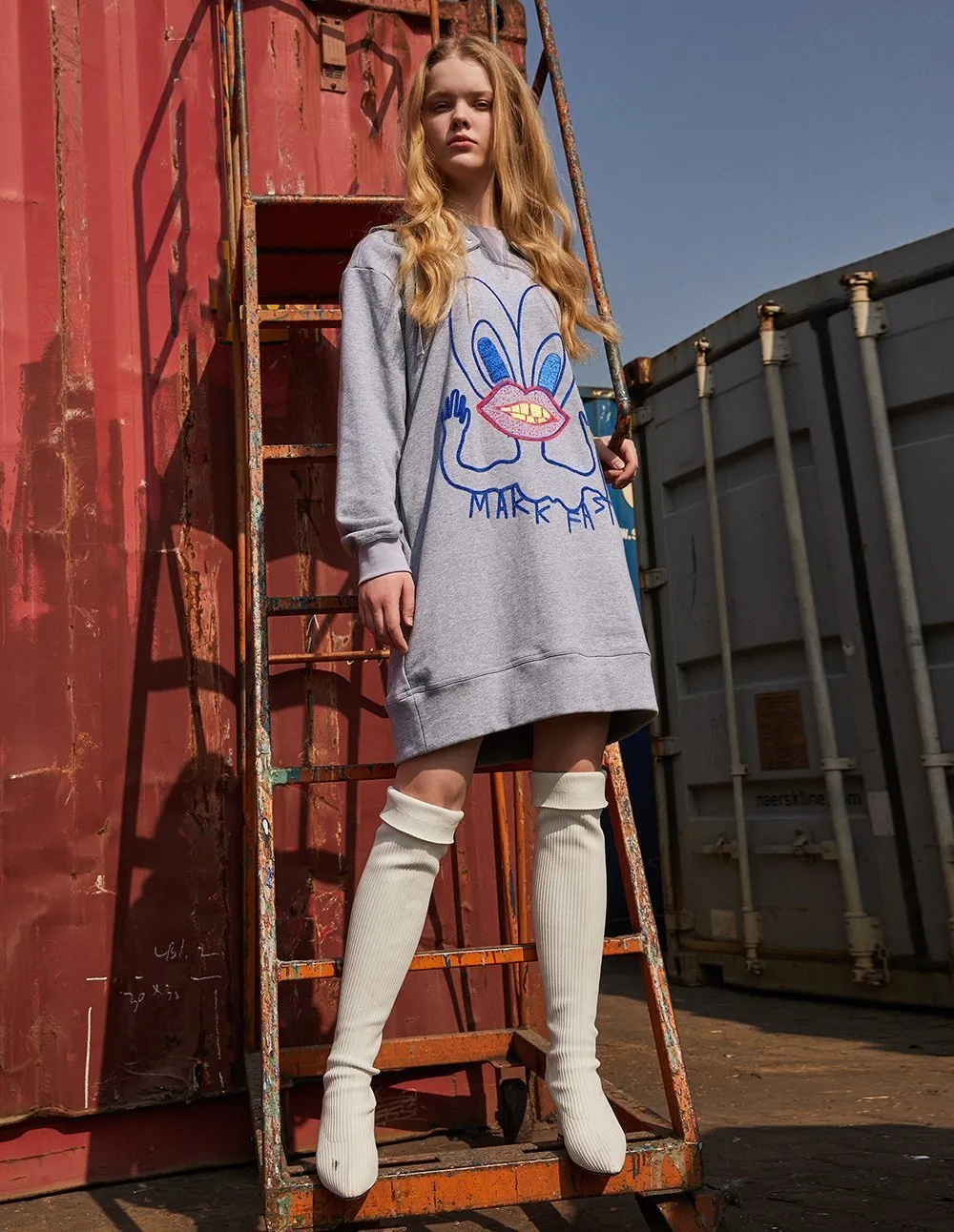 MARK FAST Women MF Blue Little Monster Long Sleeve Sweatshirt Dress