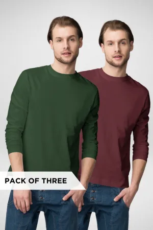 Maroon and Bottle Green Full Sleeve T-Shirts Combo for Men