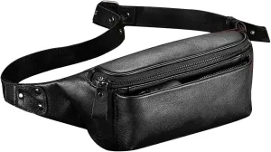 Men Genuine Leather Fanny Pack, Adjustable Crossbody Chest Bag, Outdoor Cycling Waist Bag, Travel Sling Bag, Comfortable and Durable (Black)