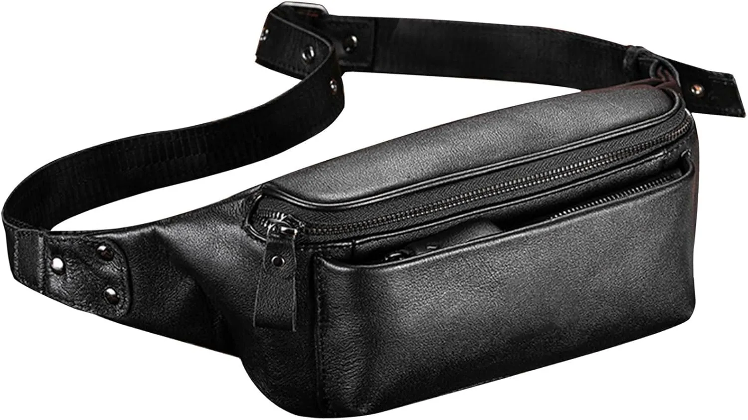 Men Genuine Leather Fanny Pack, Adjustable Crossbody Chest Bag, Outdoor Cycling Waist Bag, Travel Sling Bag, Comfortable and Durable (Black)