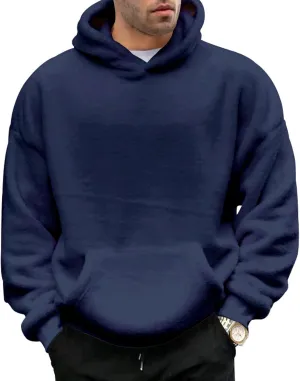 Men's Big and Tall Hoodie Winter Warm Long Sleeve Hooded Sweatshirt Solid Color Athletic Workout Pullover Tops