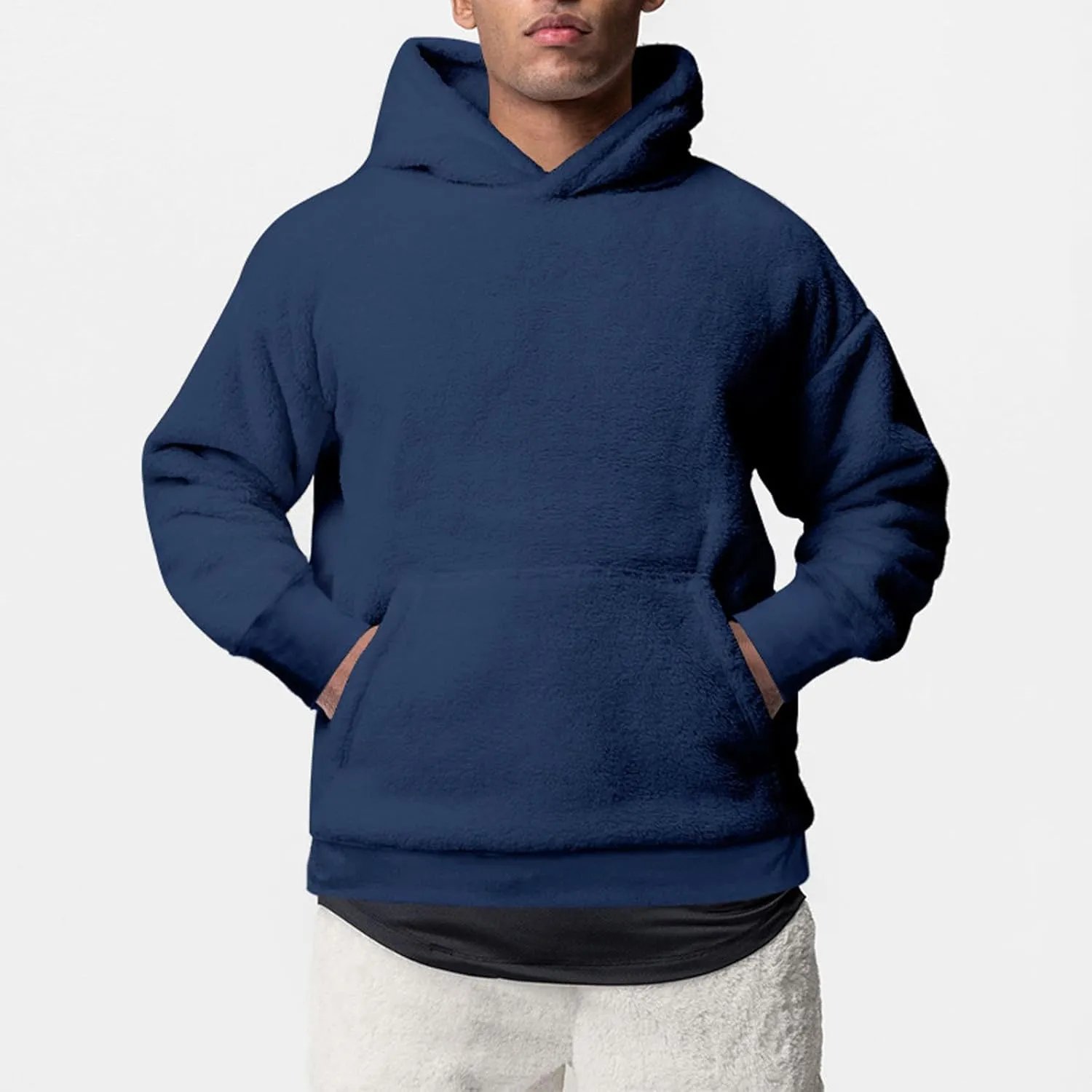 Men's Big and Tall Hoodie Winter Warm Long Sleeve Hooded Sweatshirt Solid Color Athletic Workout Pullover Tops