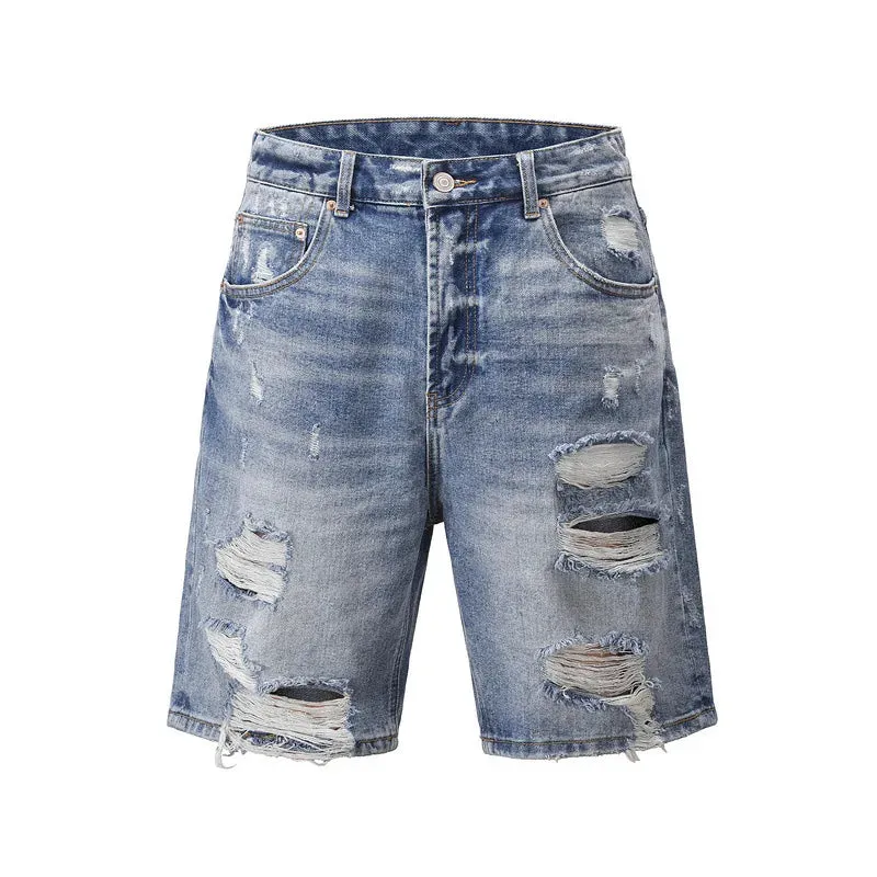 Men's Ripped Denim Shorts Frayed Vintage Casual Loose Jean Shorts Street Wear