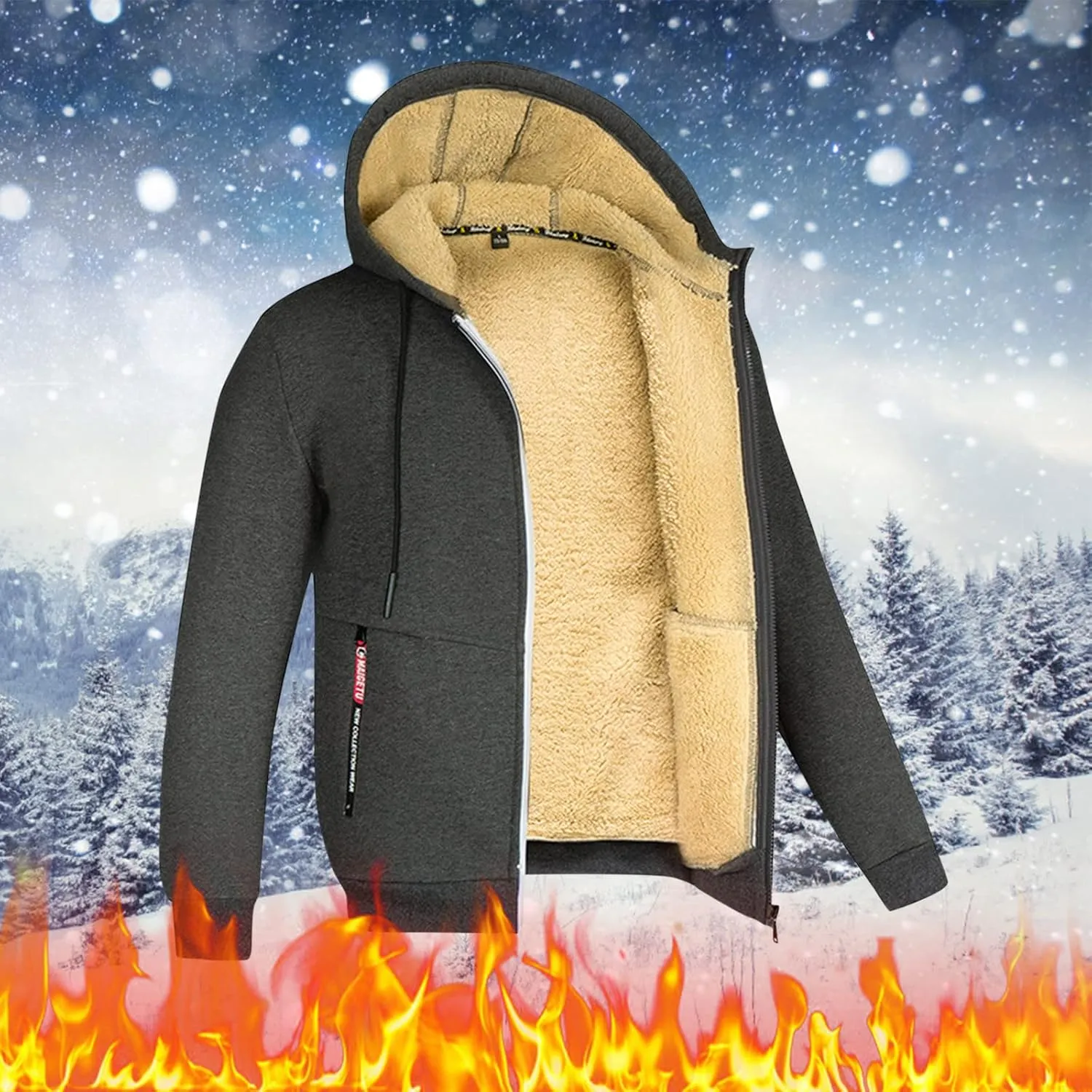Men's Winter Sherpa Lined Hoodie Warm Fleece Hoodie Jacket Zip Up Sweatshirt Heavyweight Thick Coats with Pockets