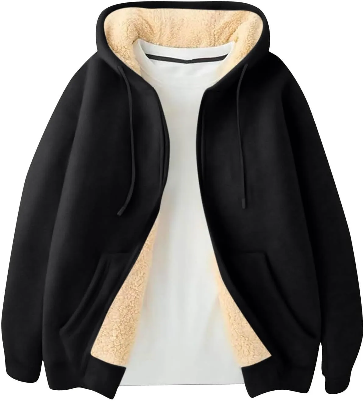 Mens Zip Up Hoodie Loose Fit Plus Size Fleece Lined Hooded Sweatshirt Comfy Warm Work Sherpa Jacket with Pockets