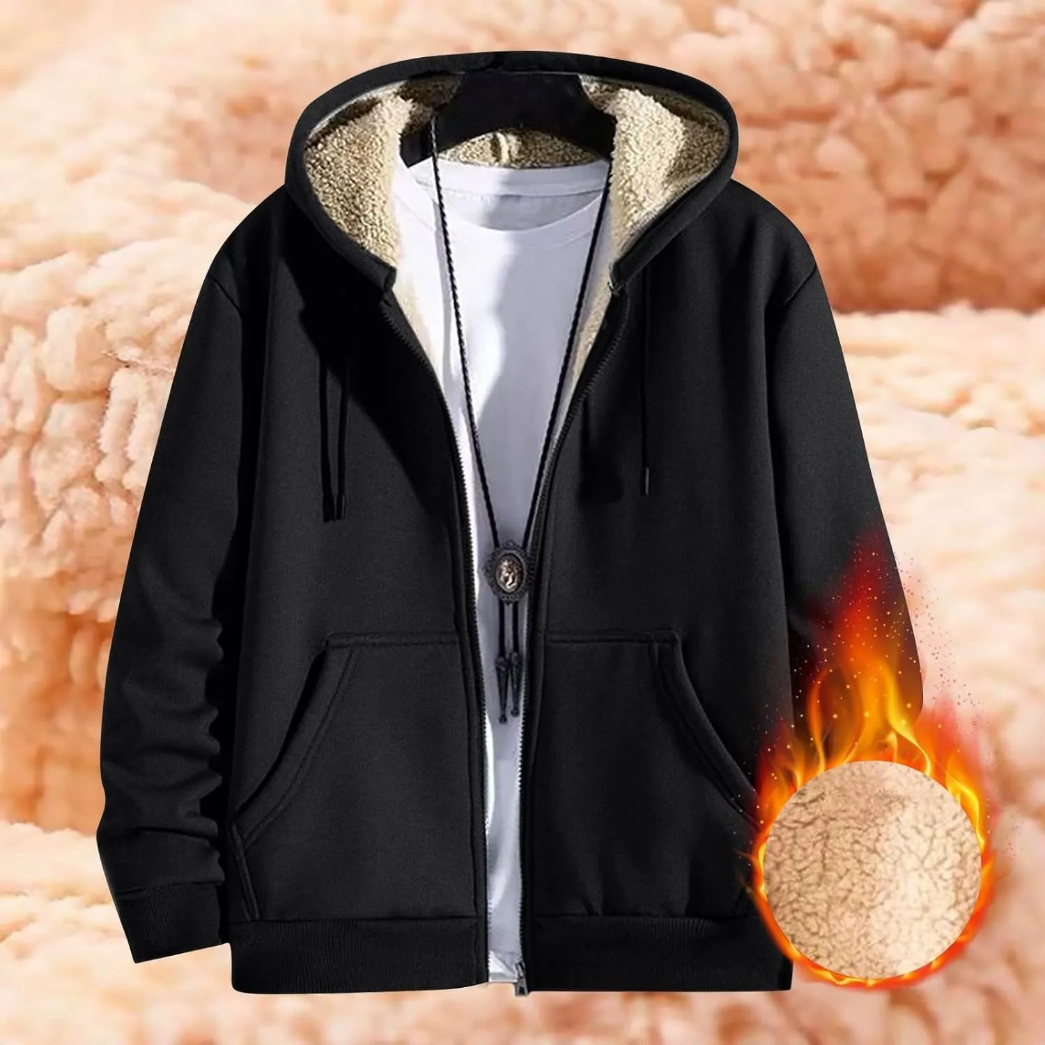 Mens Zip Up Hoodie Loose Fit Plus Size Fleece Lined Hooded Sweatshirt Comfy Warm Work Sherpa Jacket with Pockets