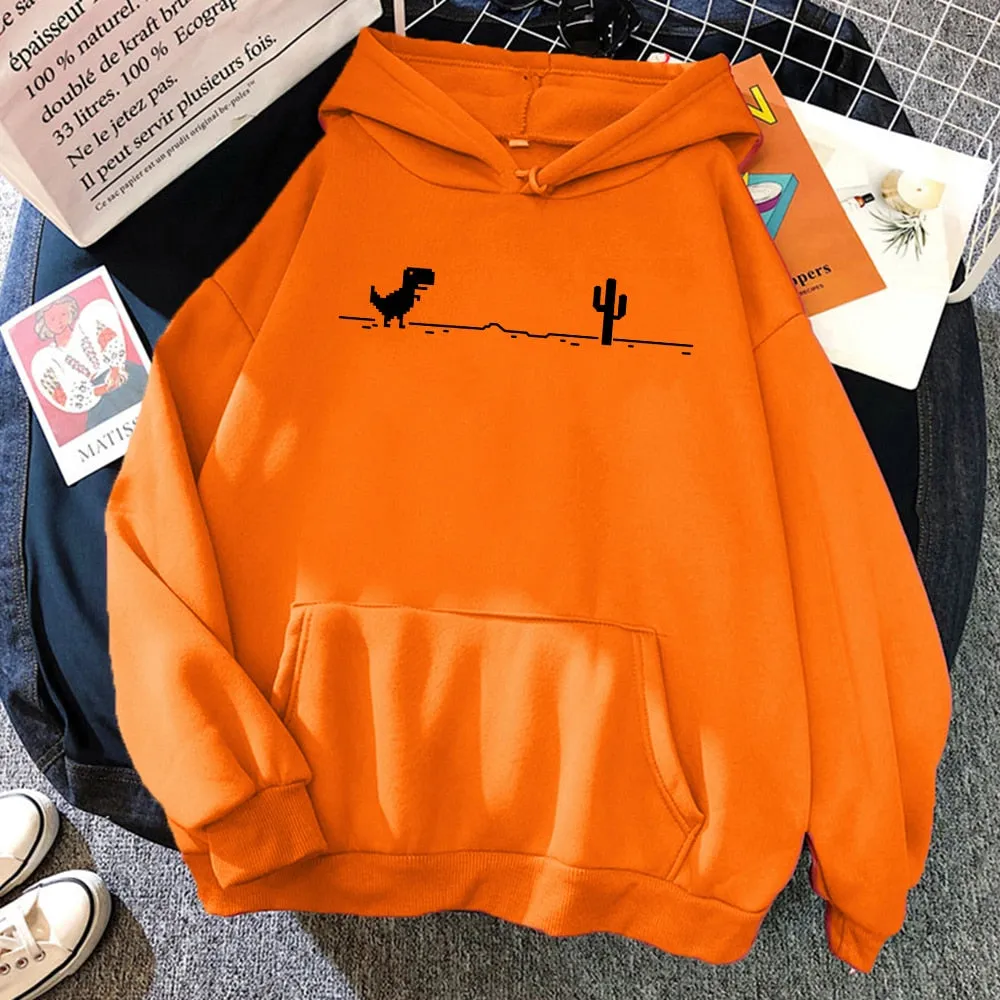 Mosaic Game Cactus Little Dinosaur Men Hoodies Autumn Loose Streetwear O-Neck Casual Sweatshirt Pocket Fleece Warm Mans Hoody