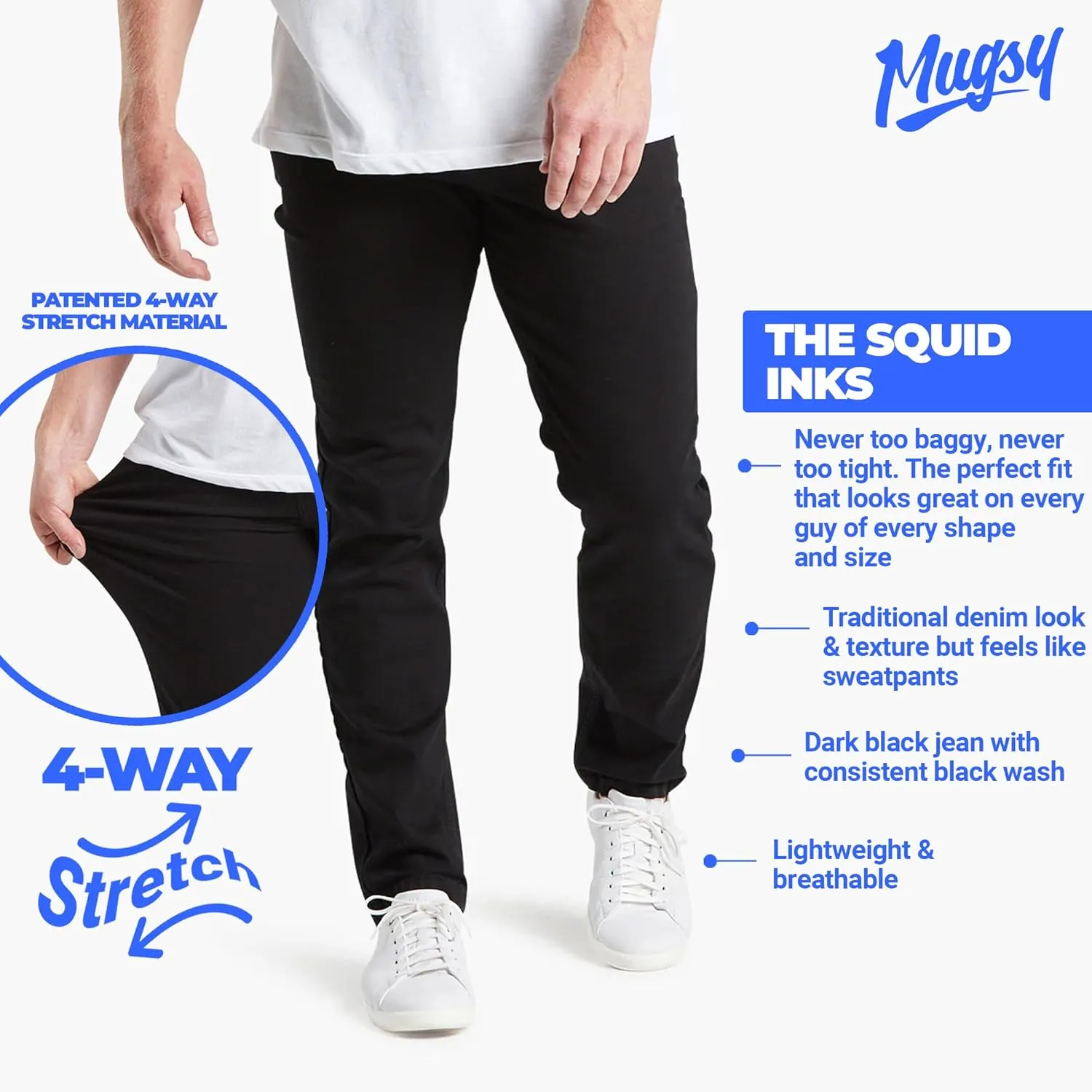 Mugsy Mens Jeans, Classic Fit, Stretch Denim Jeans for Men, Comfortable, 4-Way Stretch, Flexible Pants, Size Up If Needed