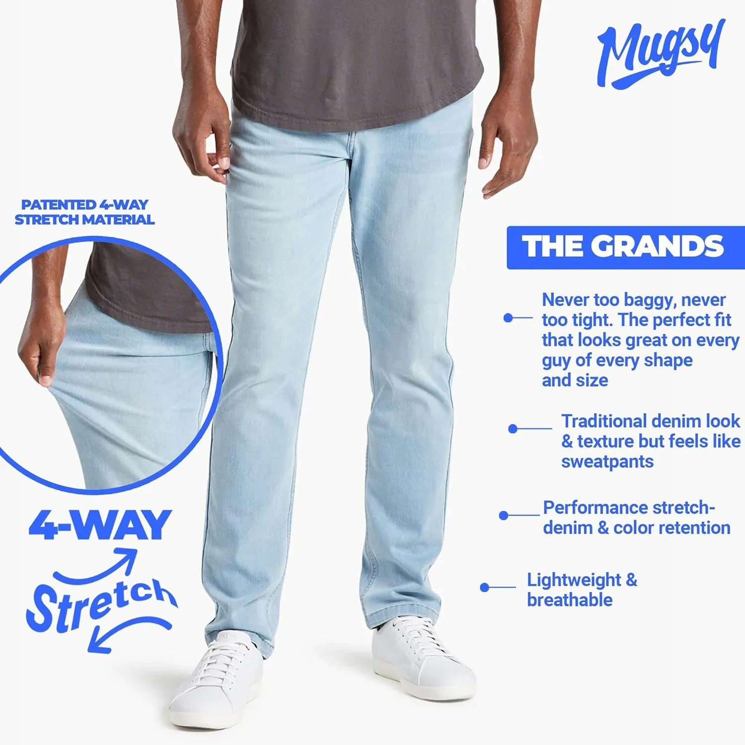 Mugsy Mens Jeans, Classic Fit, Stretch Denim Jeans for Men, Comfortable, 4-Way Stretch, Flexible Pants, Size Up If Needed