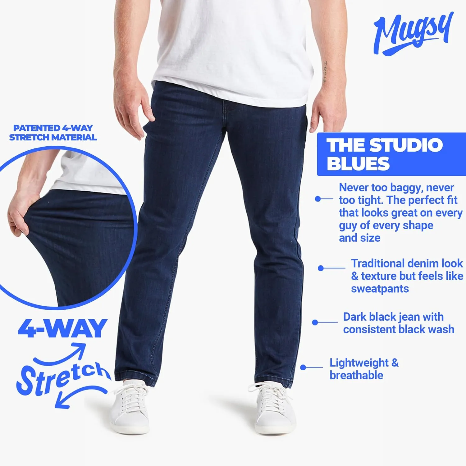 Mugsy Mens Jeans, Classic Fit, Stretch Denim Jeans for Men, Comfortable, 4-Way Stretch, Flexible Pants, Size Up If Needed