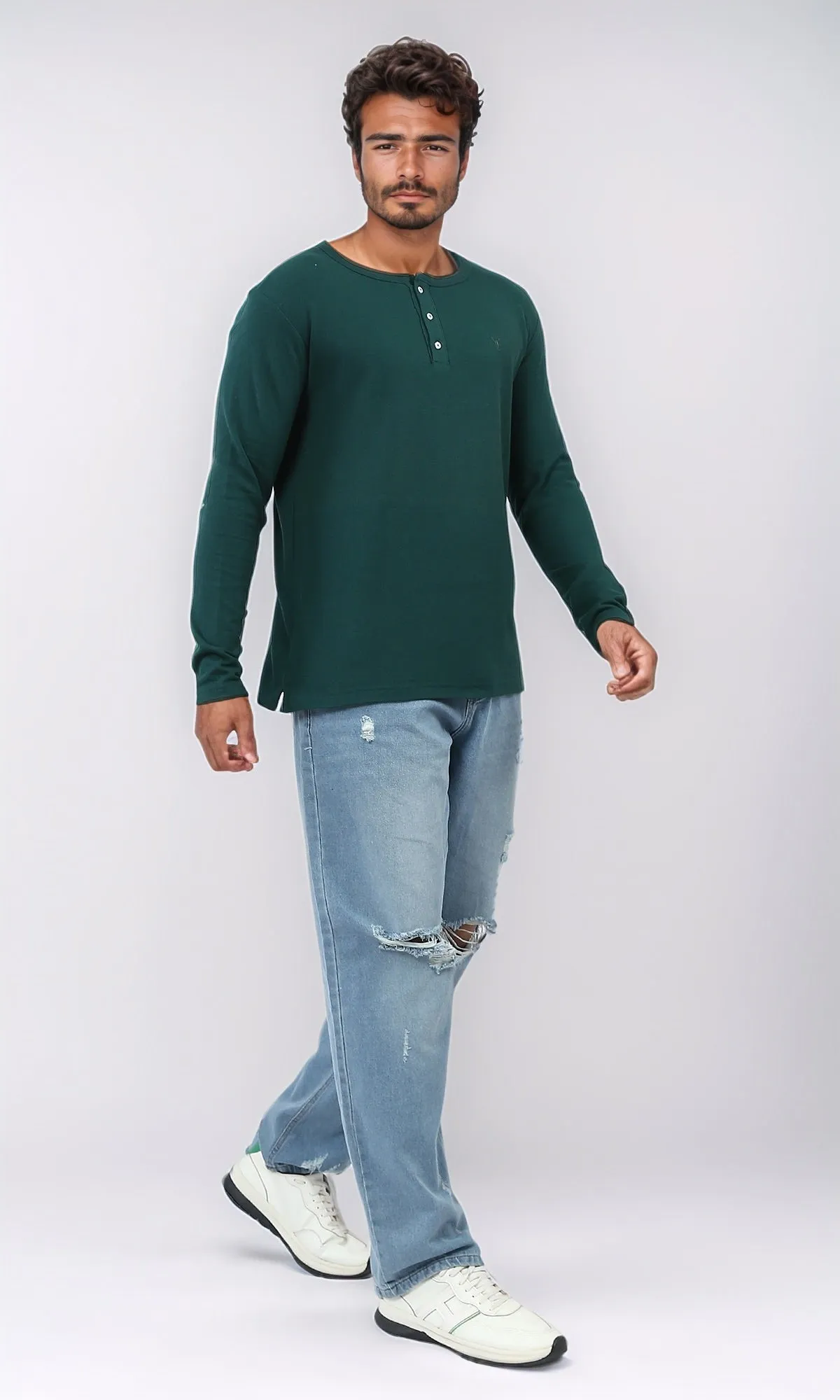 o200709 - Solid Henley Shirt With Buttoned Neck - Dark Green
