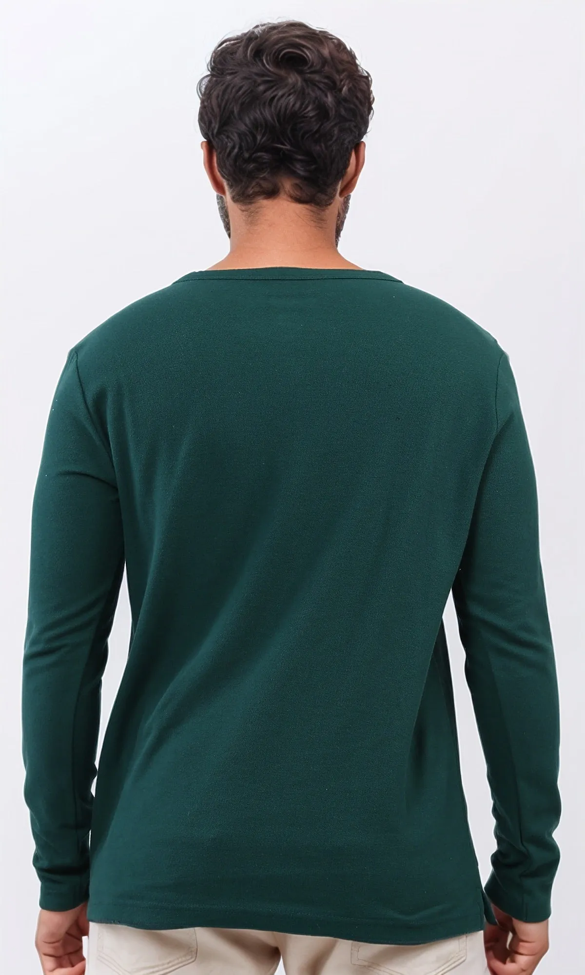 o200709 - Solid Henley Shirt With Buttoned Neck - Dark Green