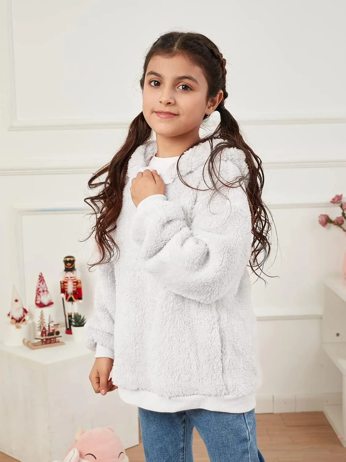 Ofenbuy Kids Girl's Fuzzy Hoodies Zipper Warm Loose Sherpa Hooded Sweatshirt Pullover With Pockets