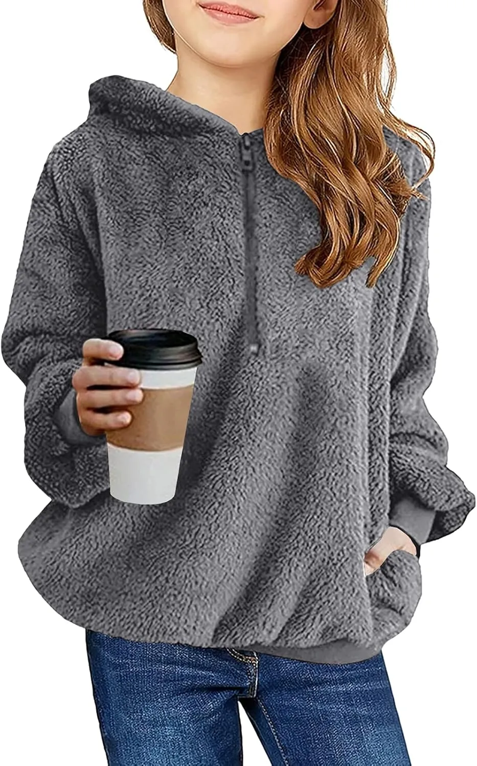 Ofenbuy Kids Girl's Fuzzy Hoodies Zipper Warm Loose Sherpa Hooded Sweatshirt Pullover With Pockets