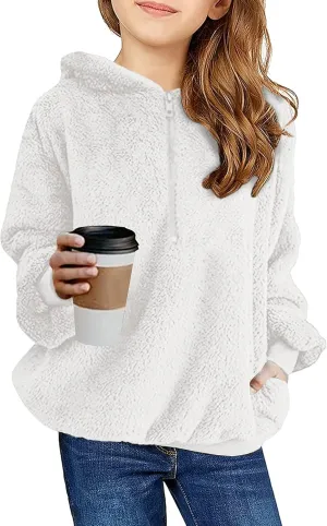 Ofenbuy Kids Girl's Fuzzy Hoodies Zipper Warm Loose Sherpa Hooded Sweatshirt Pullover With Pockets