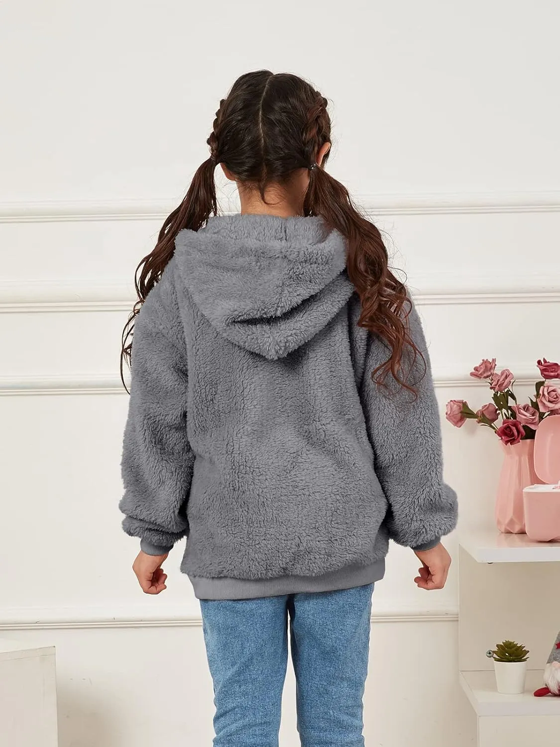 Ofenbuy Kids Girl's Fuzzy Hoodies Zipper Warm Loose Sherpa Hooded Sweatshirt Pullover With Pockets