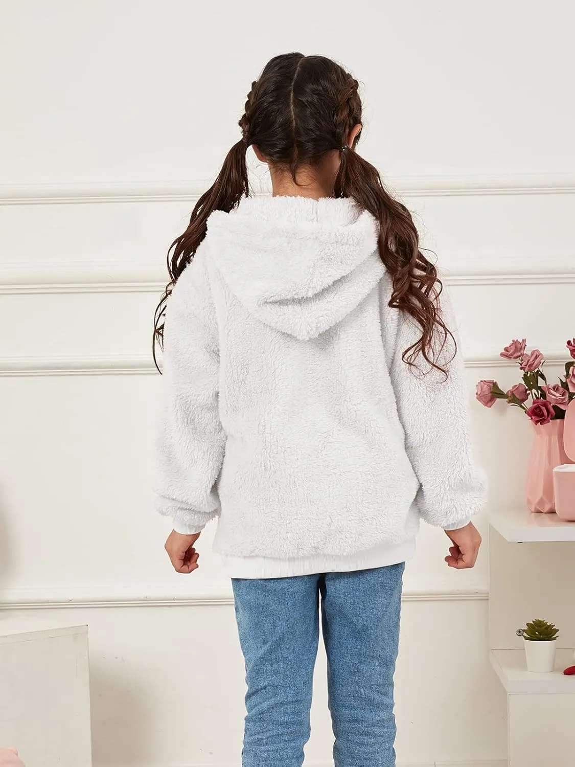 Ofenbuy Kids Girl's Fuzzy Hoodies Zipper Warm Loose Sherpa Hooded Sweatshirt Pullover With Pockets