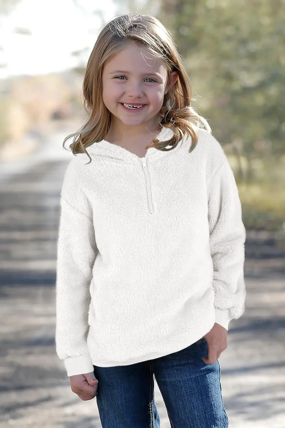 Ofenbuy Kids Girl's Fuzzy Hoodies Zipper Warm Loose Sherpa Hooded Sweatshirt Pullover With Pockets