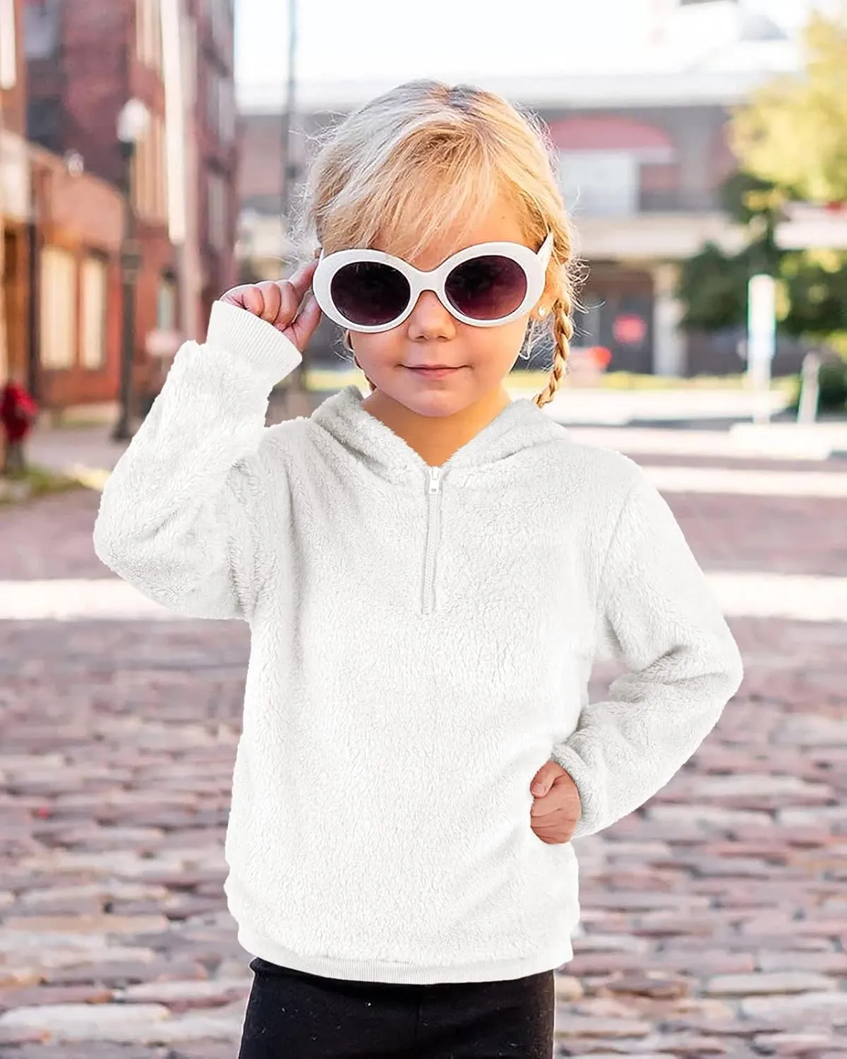 Ofenbuy Kids Girl's Fuzzy Hoodies Zipper Warm Loose Sherpa Hooded Sweatshirt Pullover With Pockets