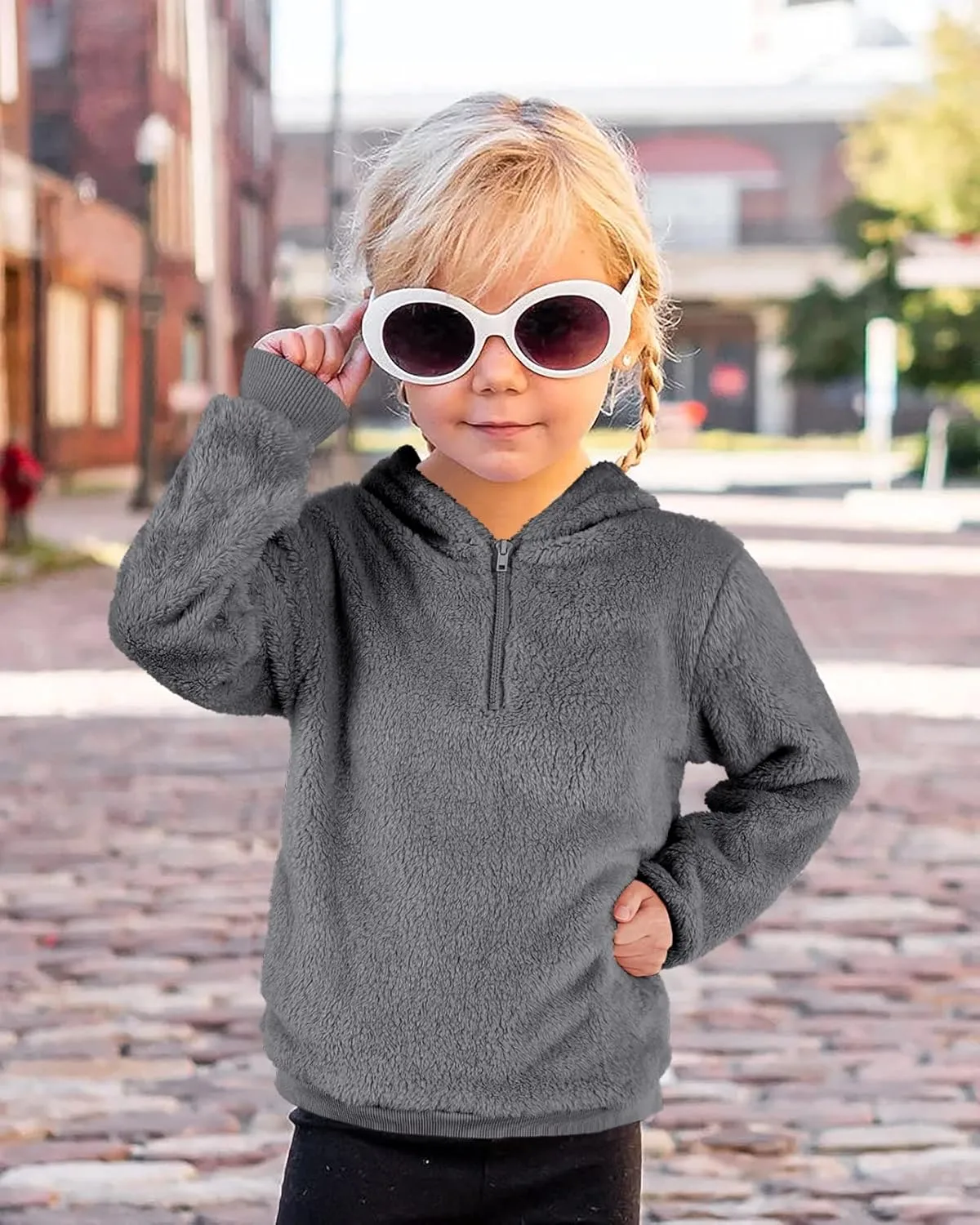Ofenbuy Kids Girl's Fuzzy Hoodies Zipper Warm Loose Sherpa Hooded Sweatshirt Pullover With Pockets