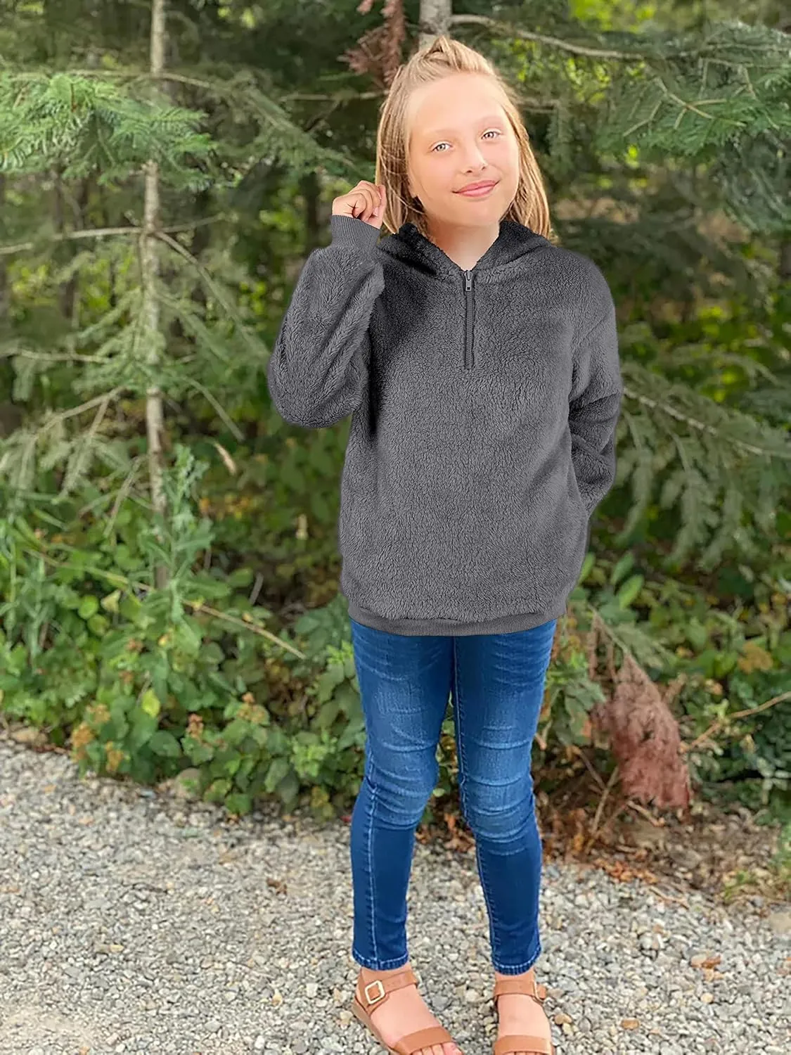 Ofenbuy Kids Girl's Fuzzy Hoodies Zipper Warm Loose Sherpa Hooded Sweatshirt Pullover With Pockets