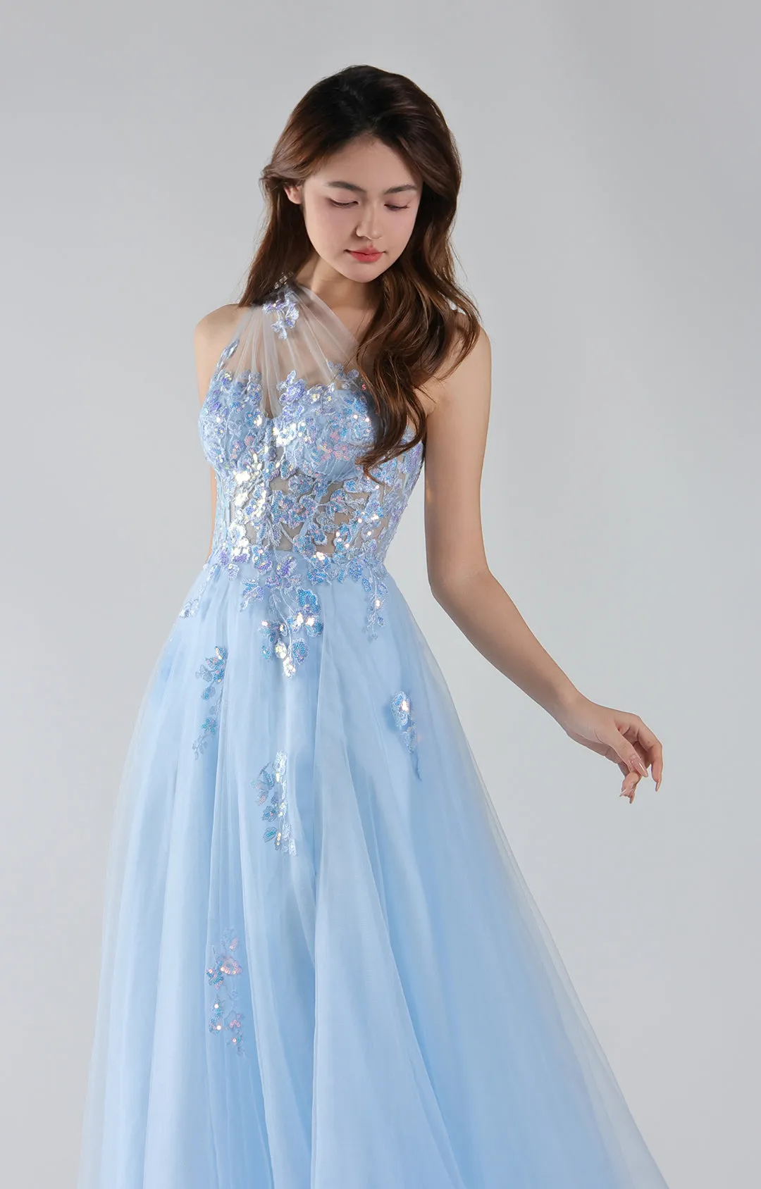 One Shoulder Floral Appliqud Sheer A-line Dresses