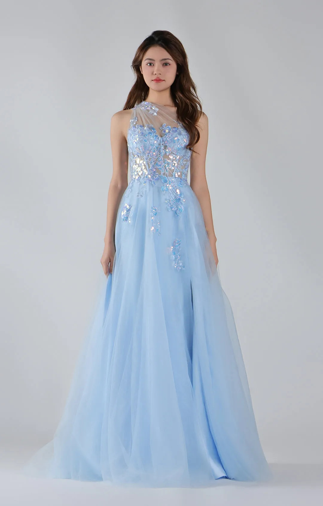 One Shoulder Floral Appliqud Sheer A-line Dresses
