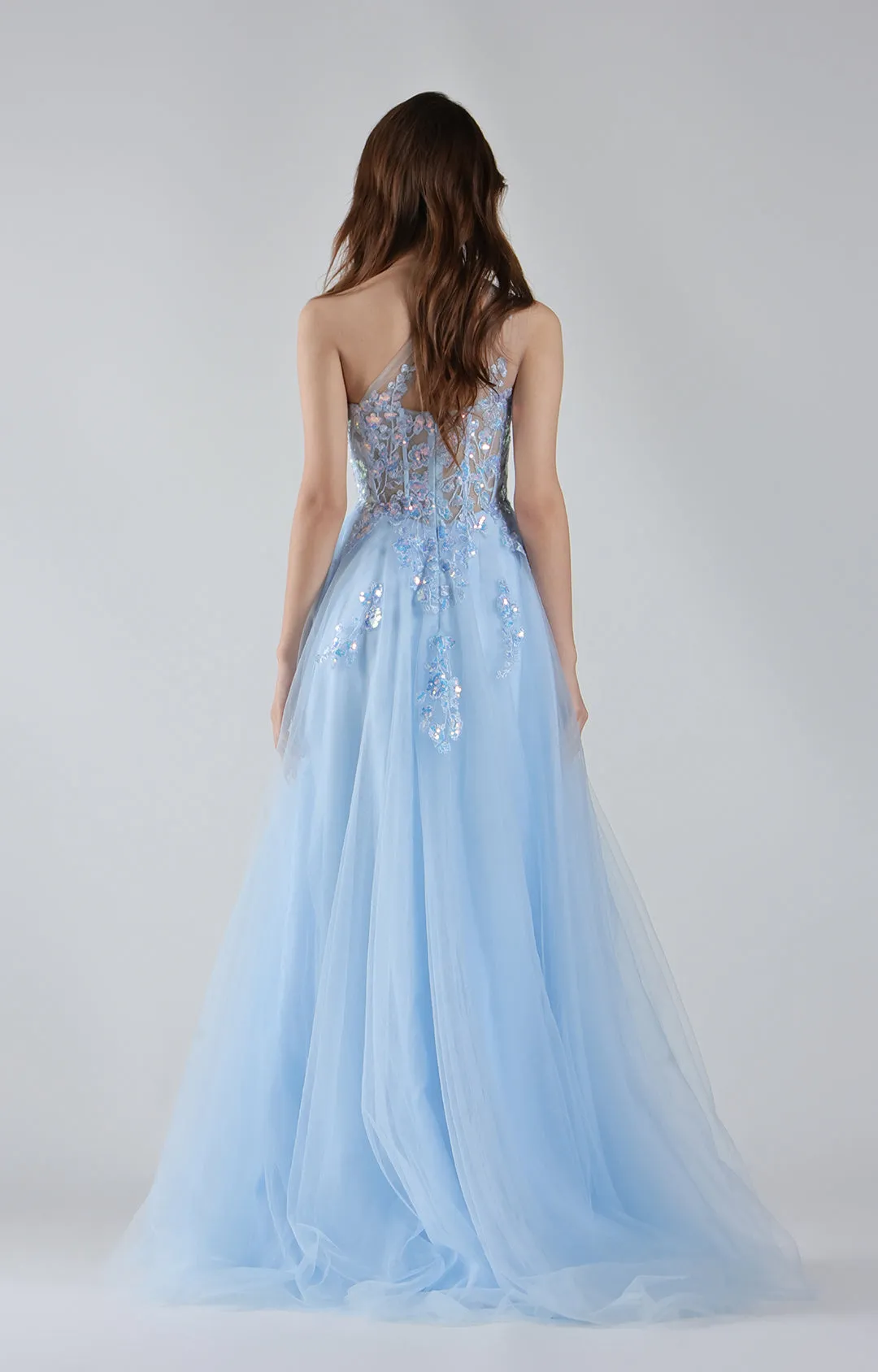 One Shoulder Floral Appliqud Sheer A-line Dresses