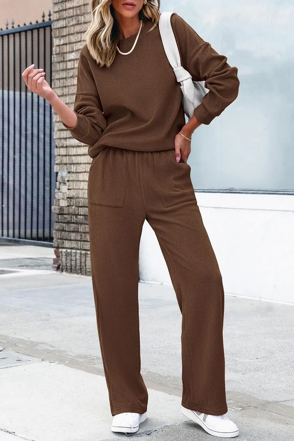 PRETTYGARDEN Women's 2 Piece Outfits 2024 Winter Fashion Tracksuits Long Sleeve Pullover Tops Straight Leg Pants Lounge Sets