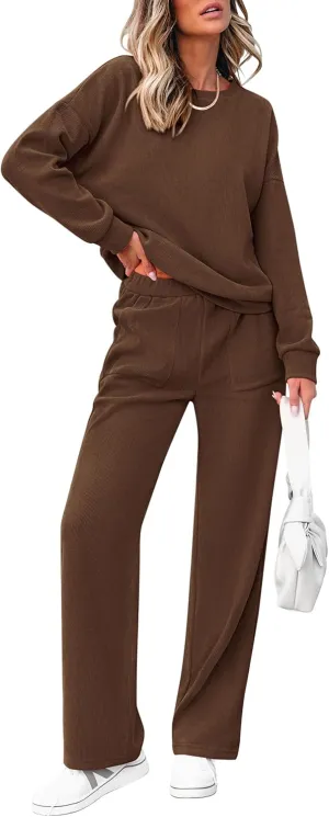 PRETTYGARDEN Women's 2 Piece Outfits 2024 Winter Fashion Tracksuits Long Sleeve Pullover Tops Straight Leg Pants Lounge Sets
