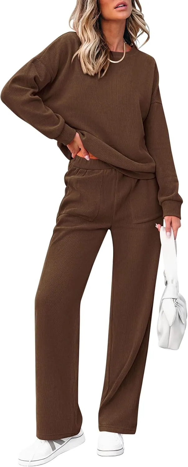 PRETTYGARDEN Women's 2 Piece Outfits 2024 Winter Fashion Tracksuits Long Sleeve Pullover Tops Straight Leg Pants Lounge Sets