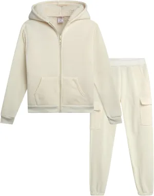 Real Love Girls' Jogger Set - 2 Piece Fully Sherpa Lined Fleece Zip Up Hoodie and Cargo Jogger Pants for Girls (5-16)