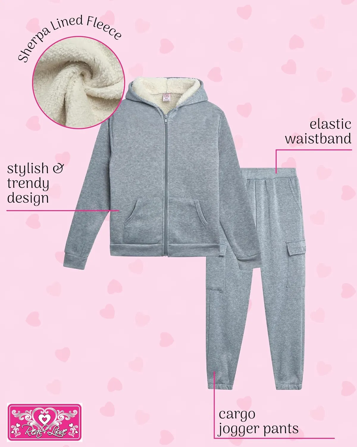 Real Love Girls' Jogger Set - 2 Piece Fully Sherpa Lined Fleece Zip Up Hoodie and Cargo Jogger Pants for Girls (5-16)
