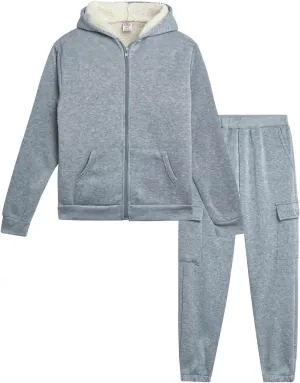Real Love Girls' Jogger Set - 2 Piece Fully Sherpa Lined Fleece Zip Up Hoodie and Cargo Jogger Pants for Girls (5-16)