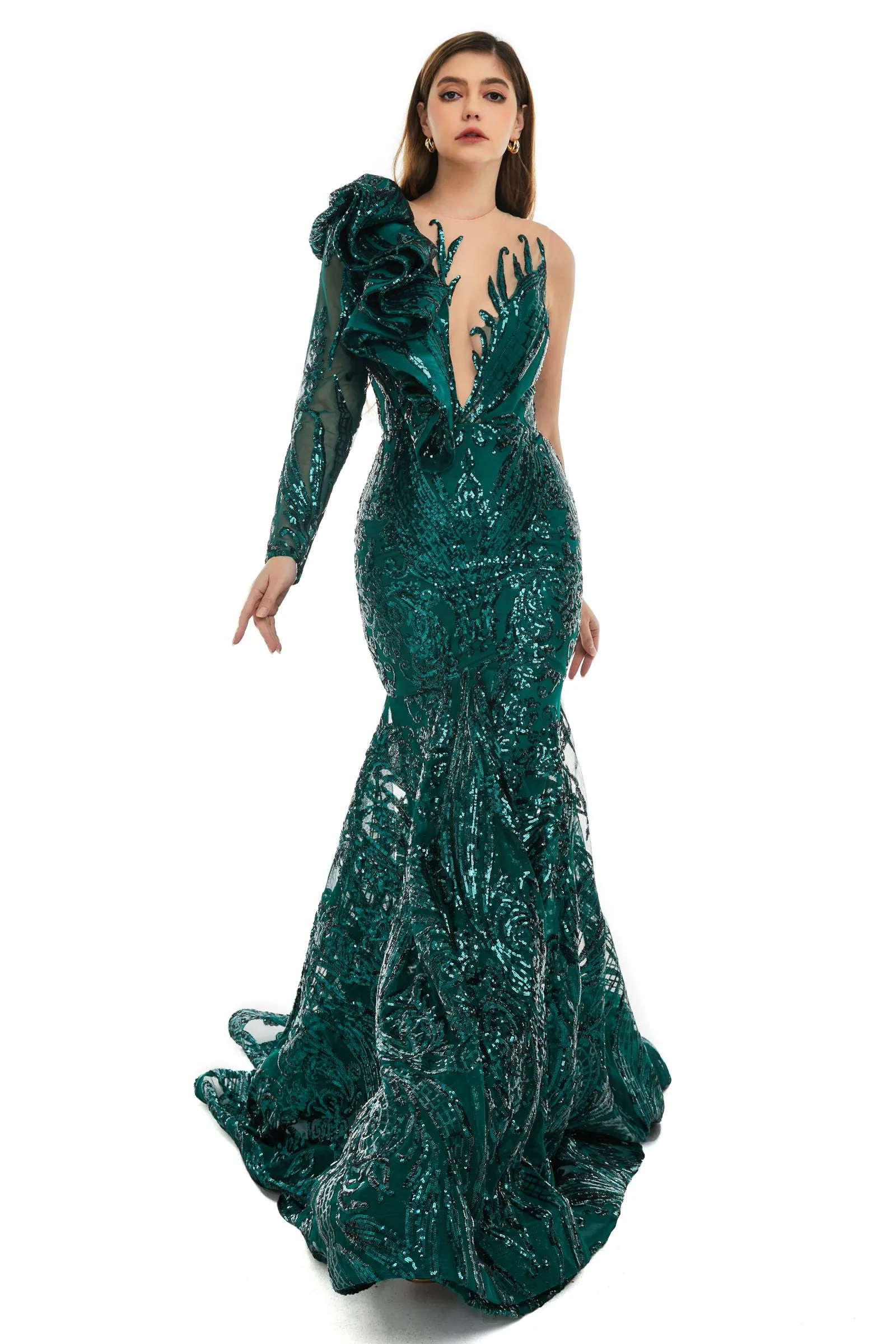 Red Mermaid One Sleeve Prom Dresses Sequined Lace Jewel Ruffles Evening Party Dress with Appliques