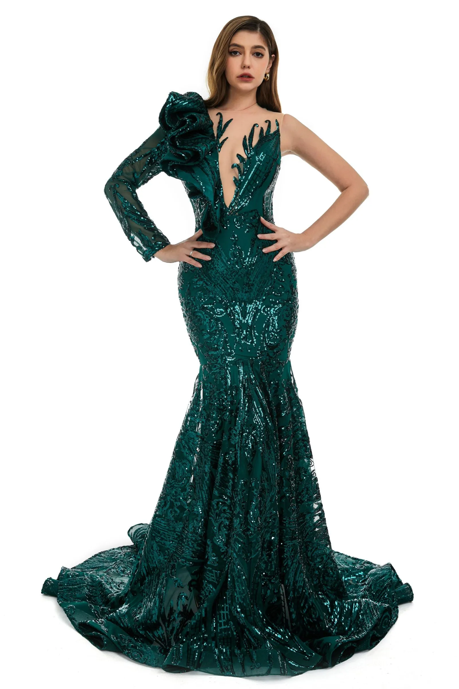 Red Mermaid One Sleeve Prom Dresses Sequined Lace Jewel Ruffles Evening Party Dress with Appliques