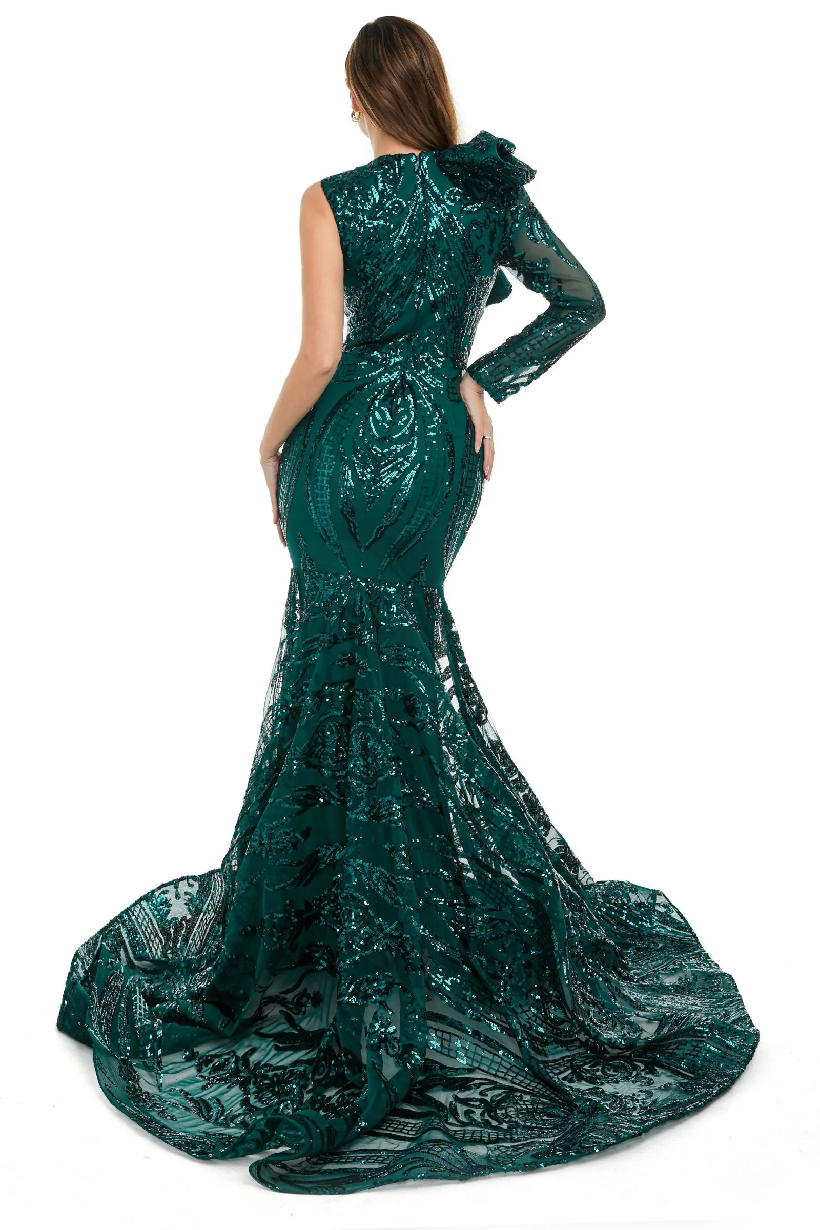 Red Mermaid One Sleeve Prom Dresses Sequined Lace Jewel Ruffles Evening Party Dress with Appliques