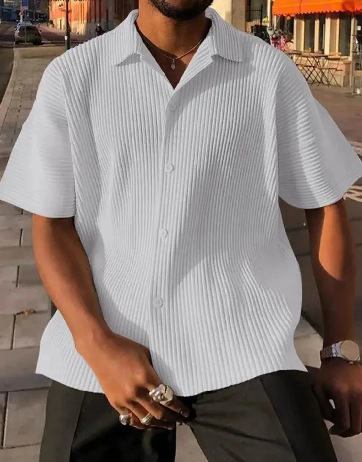 Riolio American Style Casual Simple New Men's Solid Blouse Streetwear Male Loose Comfortable Pleated Short Sleeve Shirts S-5XL
