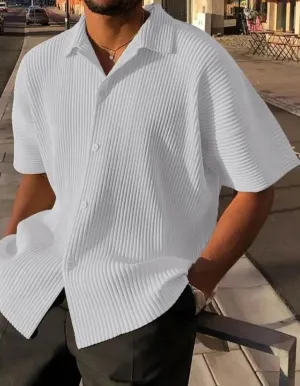 Riolio American Style Casual Simple New Men's Solid Blouse Streetwear Male Loose Comfortable Pleated Short Sleeve Shirts S-5XL