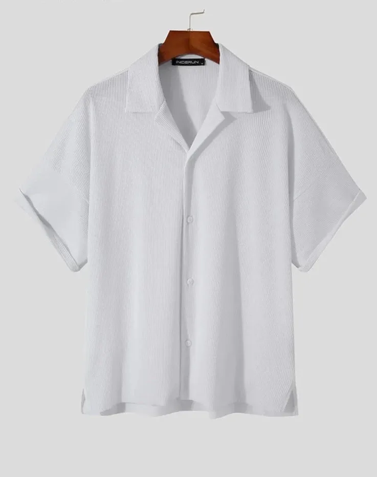 Riolio American Style Casual Simple New Men's Solid Blouse Streetwear Male Loose Comfortable Pleated Short Sleeve Shirts S-5XL