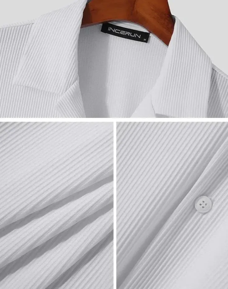 Riolio American Style Casual Simple New Men's Solid Blouse Streetwear Male Loose Comfortable Pleated Short Sleeve Shirts S-5XL