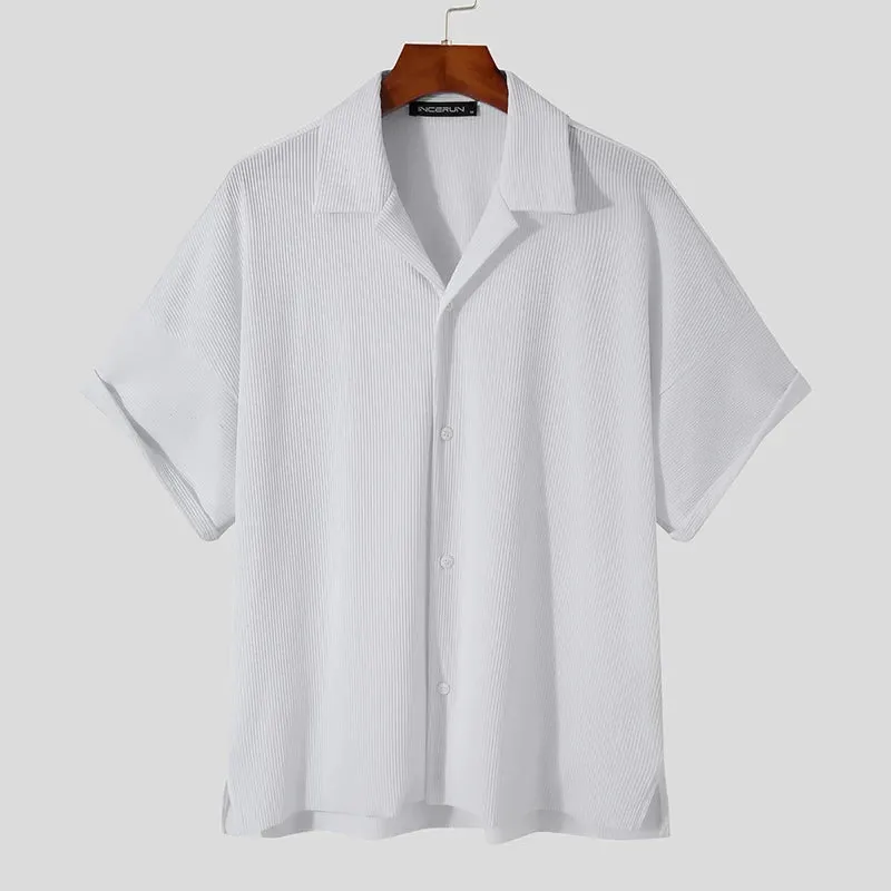 Riolio American Style Casual Simple New Men's Solid Blouse Streetwear Male Loose Comfortable Pleated Short Sleeve Shirts S-5XL