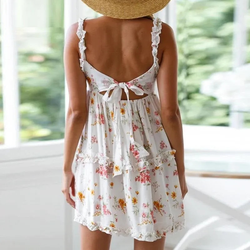 Ruffle Spaghetti Backless Lace Up Mini High Waist Floral Dress